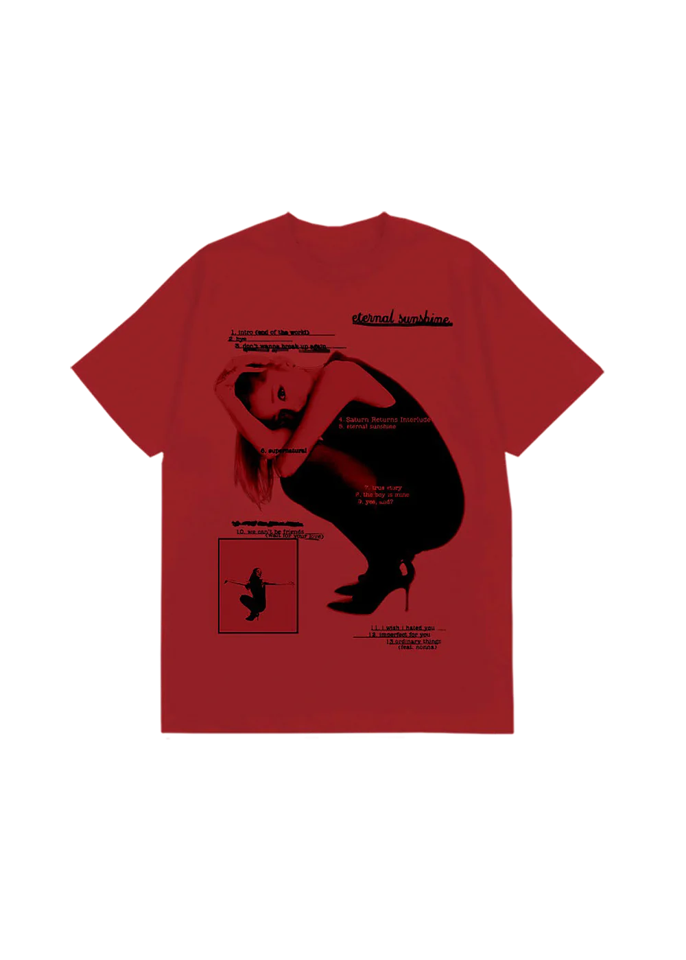 Ariana Grande - eternal sunshine tracklist red t-shirt